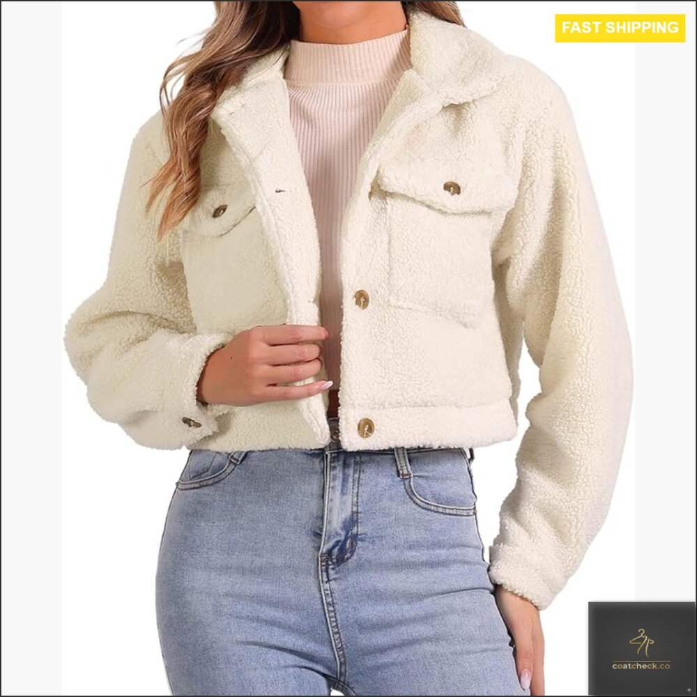 Fuzzy Fleece Faux Fur Jacket Short Cocoon Coat Button Front Chic Winter